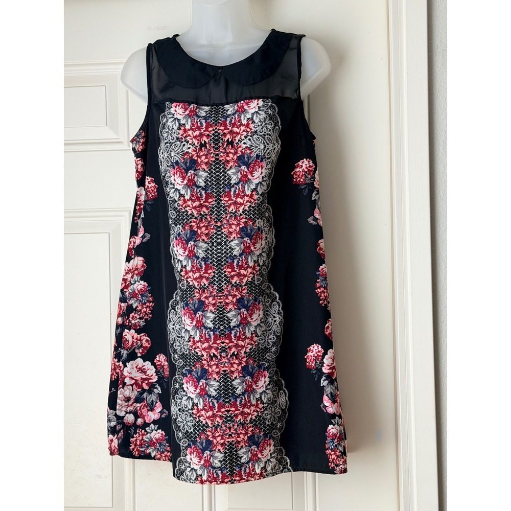 Xhilaration Black Floral Mesh Peter Pan Collar Sleeveless Shift Dress Medium
